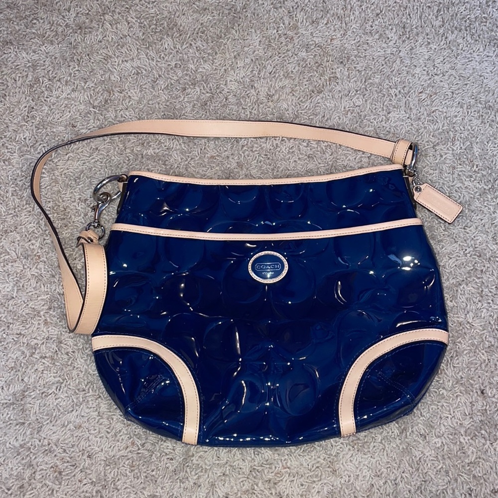 Coach Peyton Shoulder Purse Navy Blue Patent Leather Medium Handbag